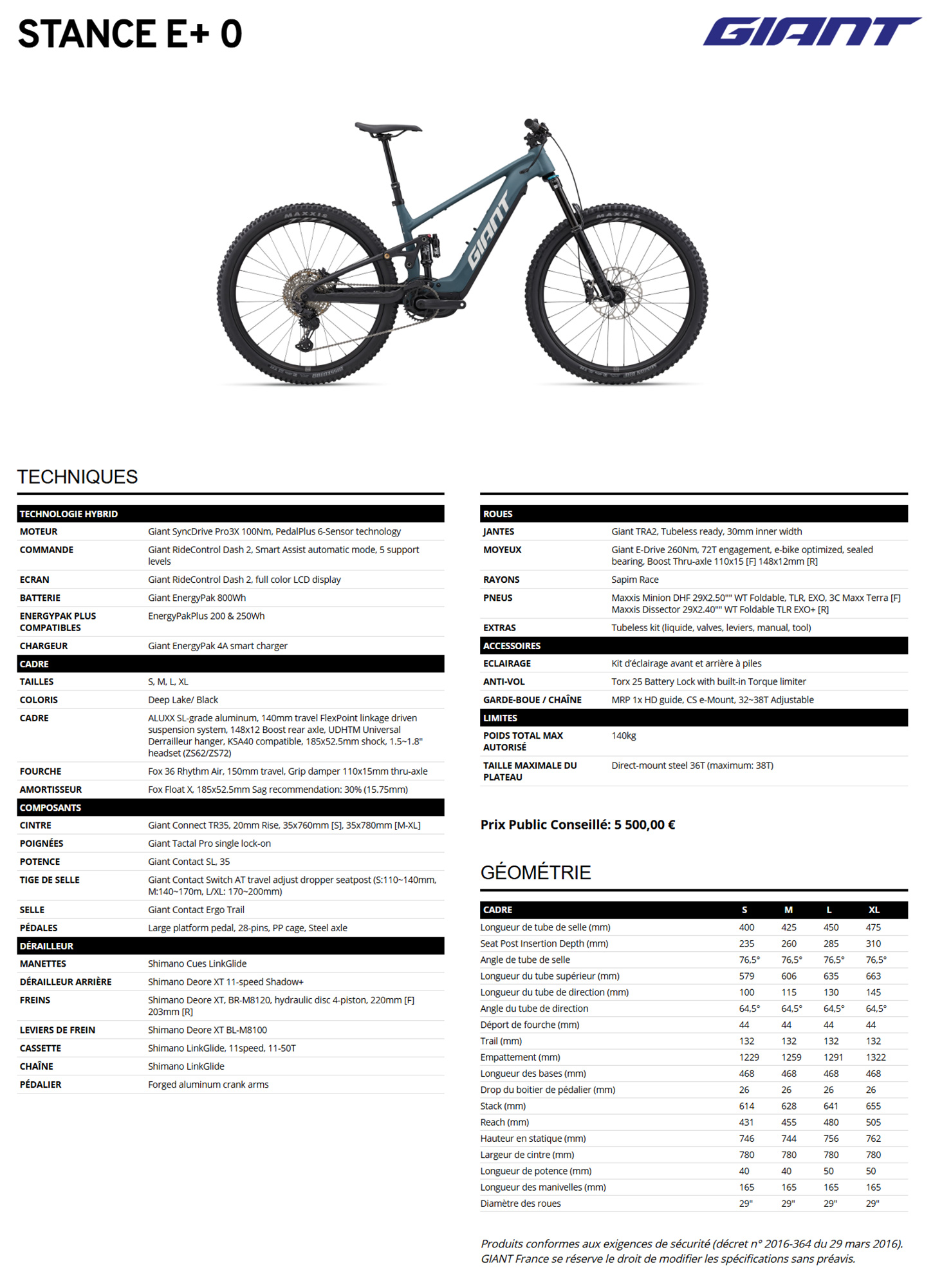Fiche technique du velo électrique Stance E+ 0  année 2026